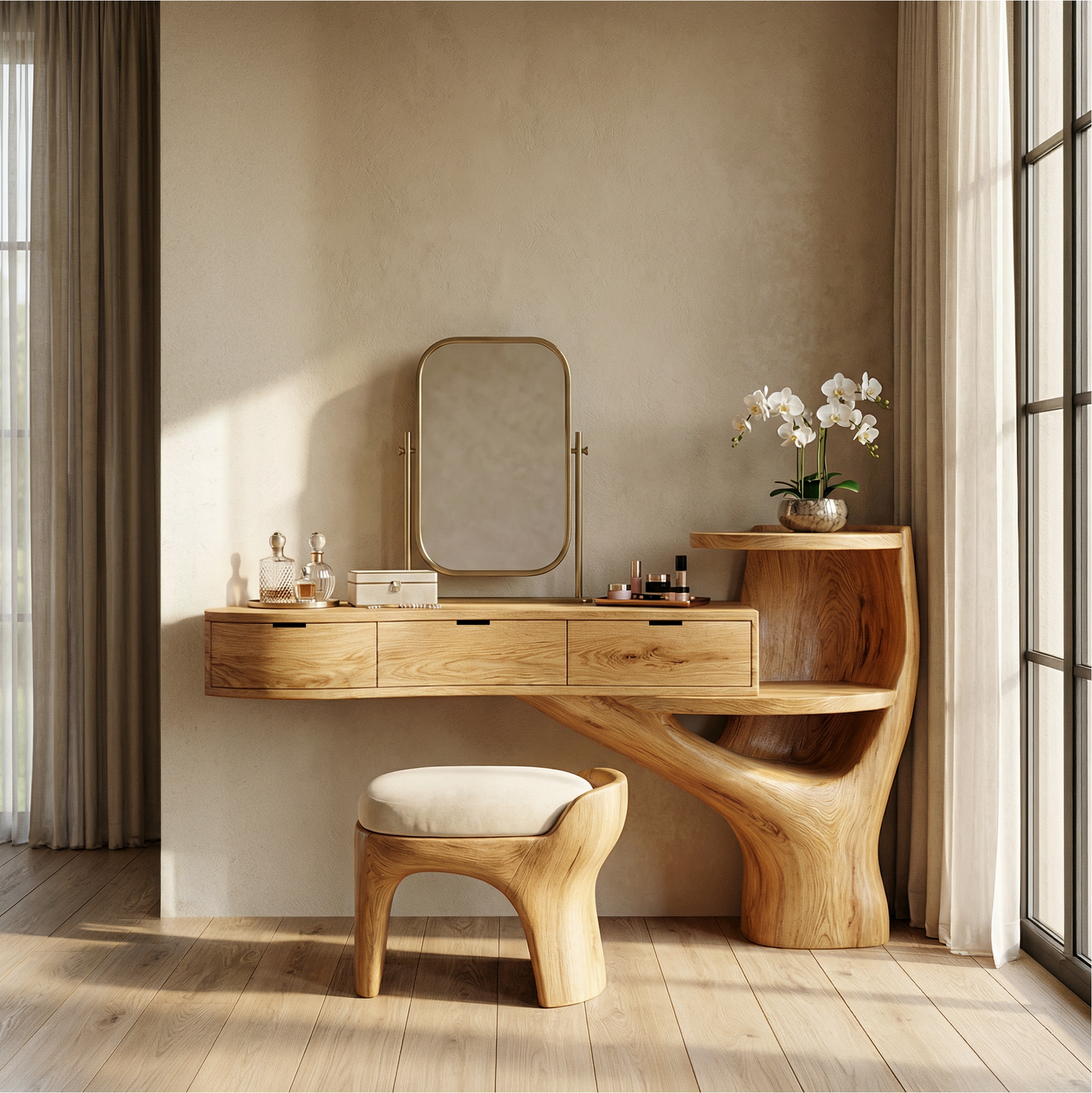 Organic floating vanity desk with drawers, 1 of 8. Bedroom furniture, minimalist design.