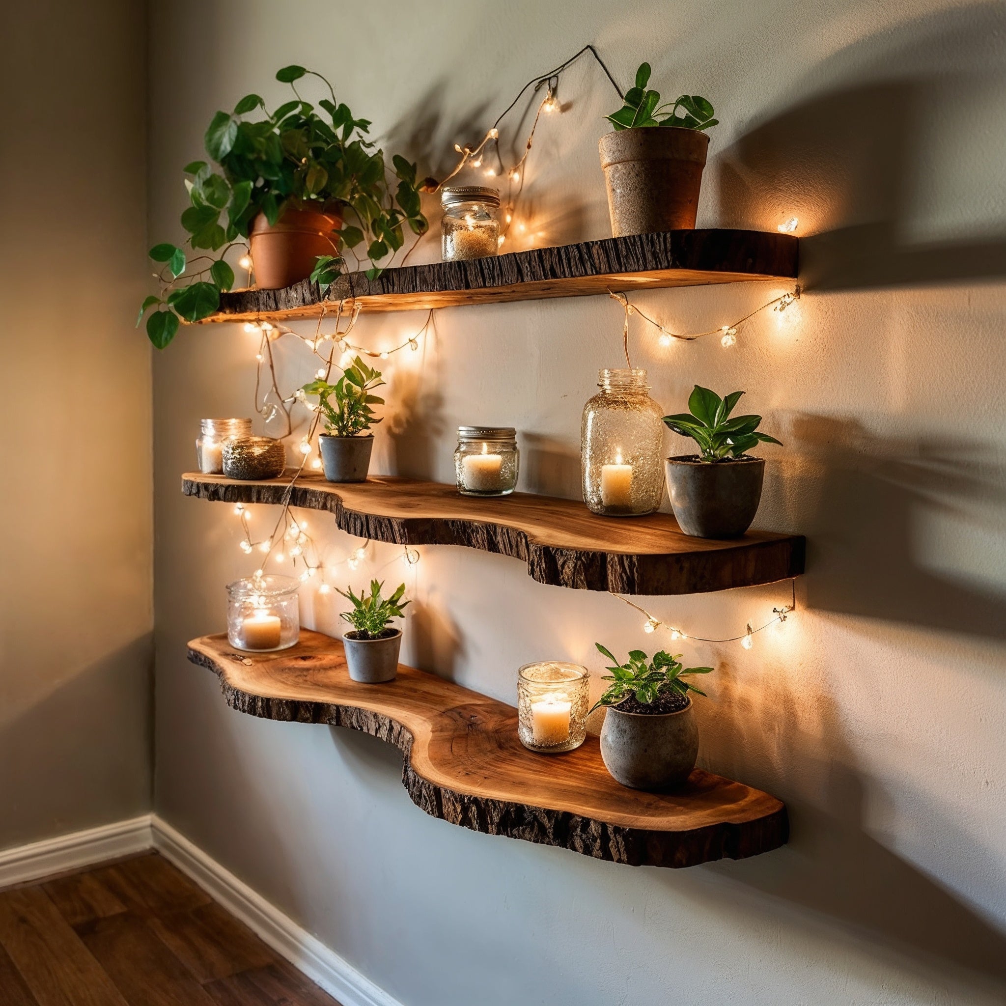 GlowLedge Rustic Live Edge Floating Wood Shelf with Integrated LED Lighting and Farmhouse Decor Style
