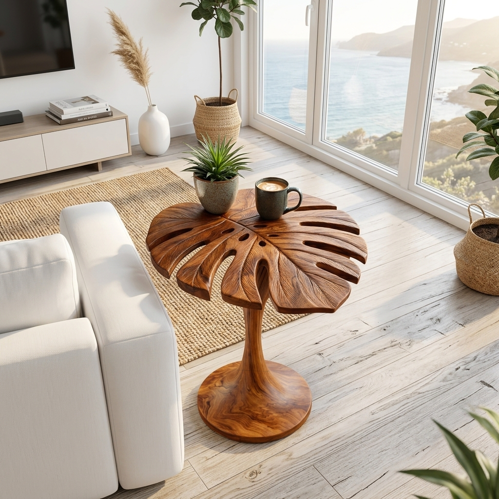 Leaf shape wood end table for sofa, living room. Modern side table, natural finish. Image 1 of 8.