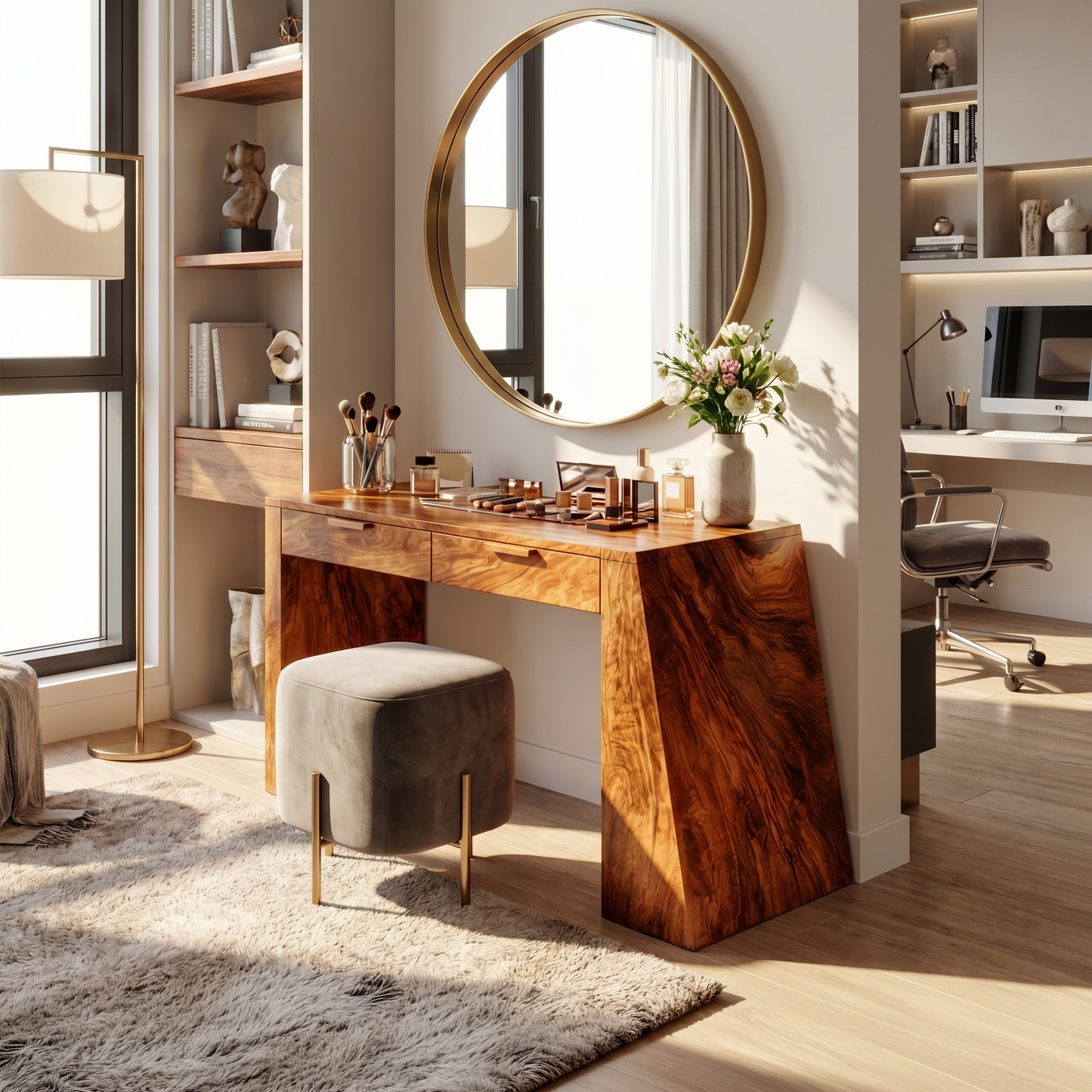 Industrial vanity desk with mirror and storage, home office beauty station. Image 1 of 8.