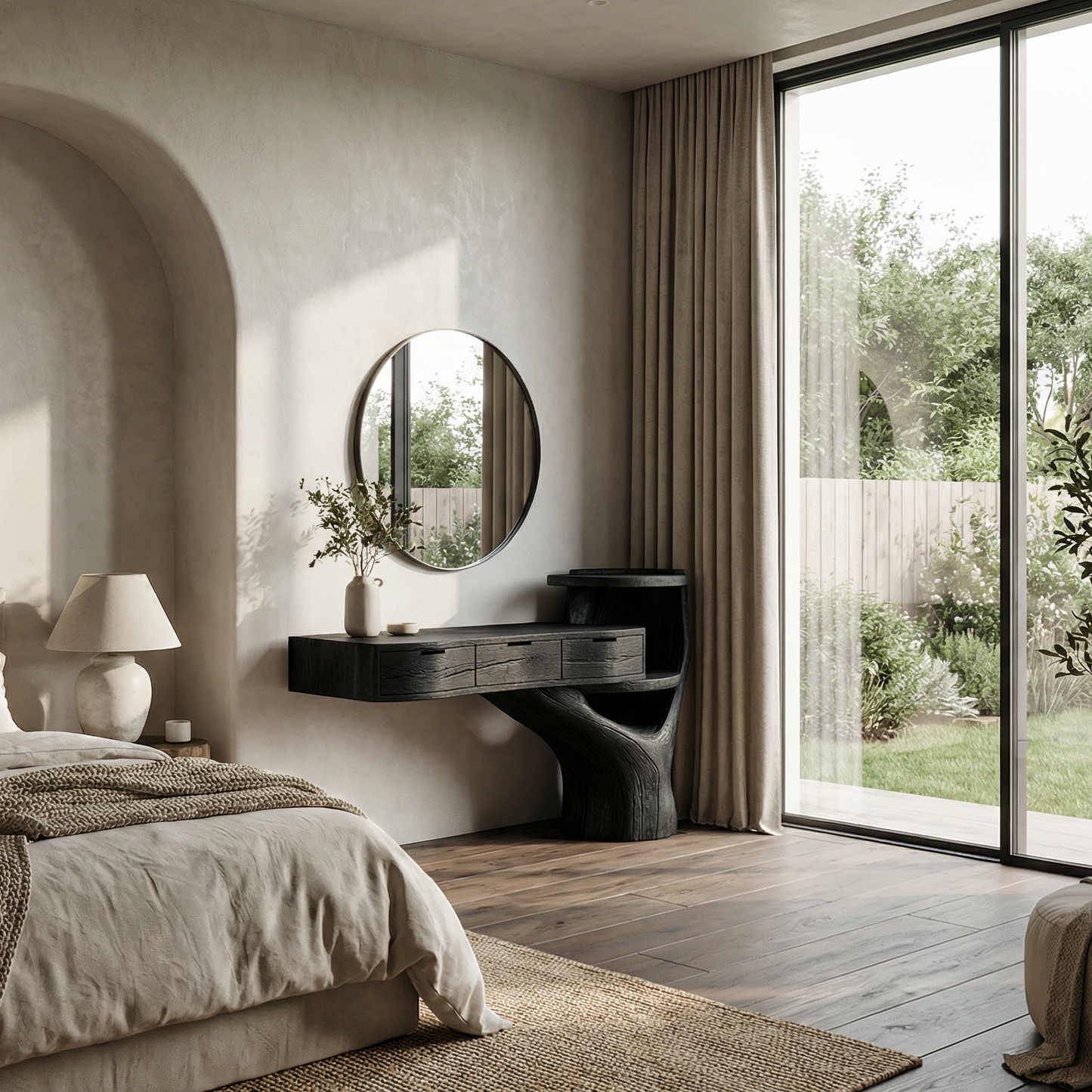 Organic floating vanity desk with drawers, bedroom, image 4 of 8.