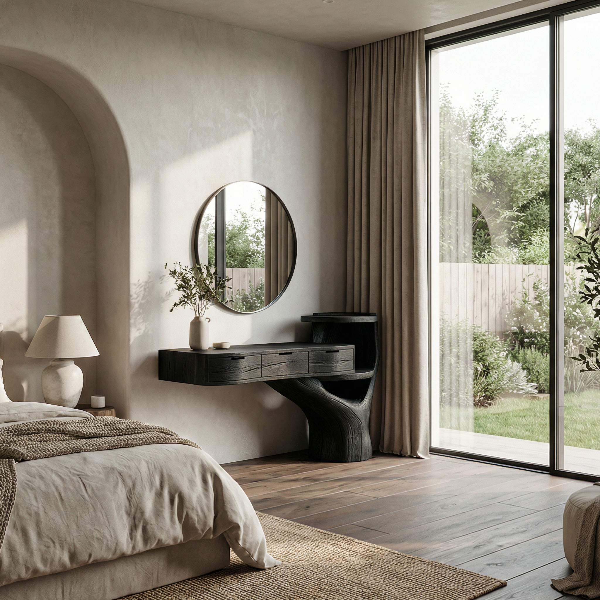 Organic floating vanity desk with drawers, bedroom, image 4 of 8.