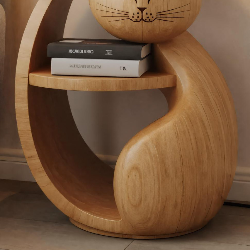 Cute cat-shaped wooden side table with shelf, perfect accent for kids' rooms or bedrooms. Image 3 of 6.