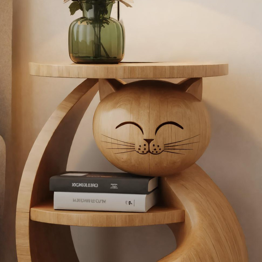 Kids cat wooden side table with shelf, accent furniture for bedroom, image 2 of 6.