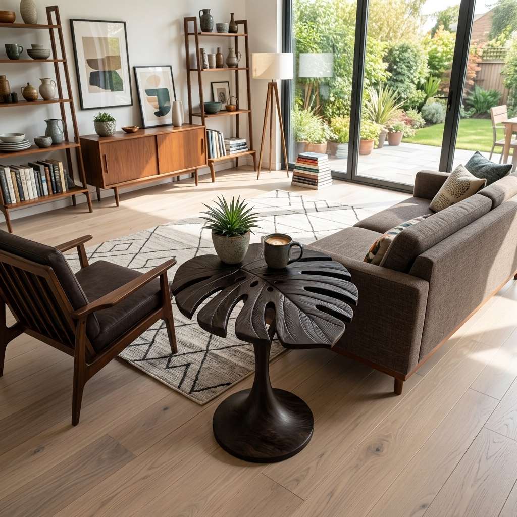 Leaf shape wood end table, 4 of 8. Modern side table for sofa and living room.