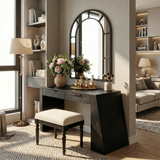 Industrial vanity desk with mirror, dark wood, and metal frame. Home office beauty station. Image 4 of 8.