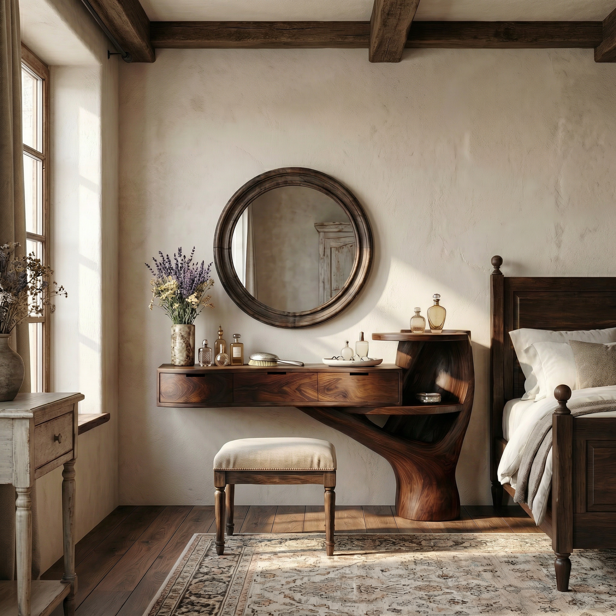 Organic floating vanity desk with drawers, 7/8. Modern bedroom furniture, sustainable wood.