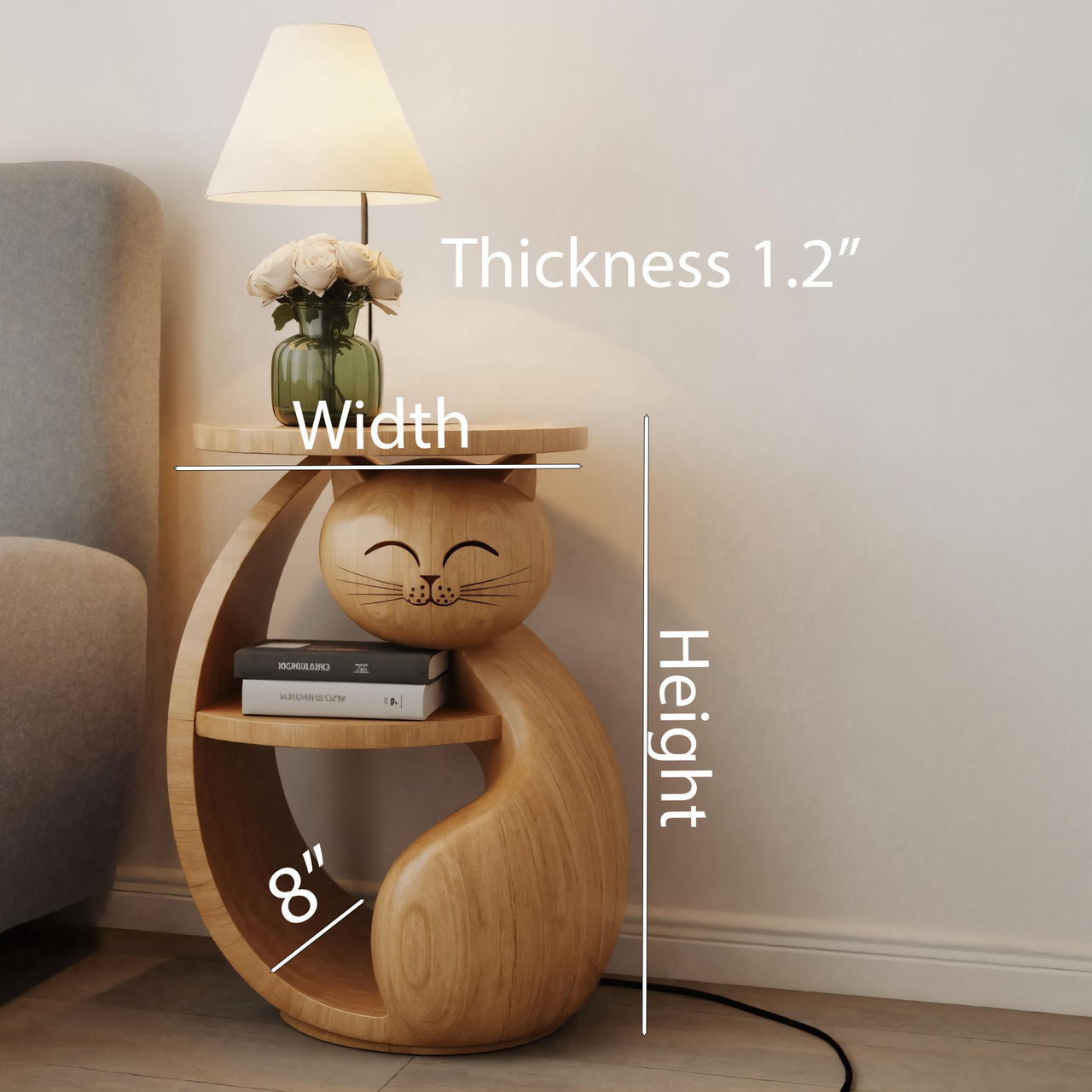 Cat wooden side table with shelf, perfect for kids' rooms or bedrooms. Accent furniture.