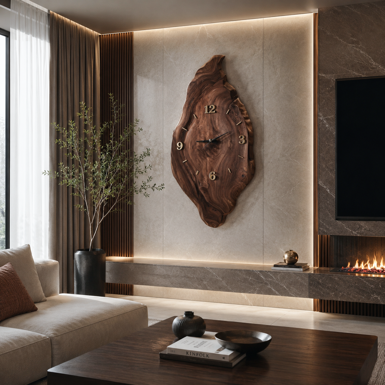 Rustic live edge wood wall clock, ideal for bedroom decor, natural wood grain, unique design.