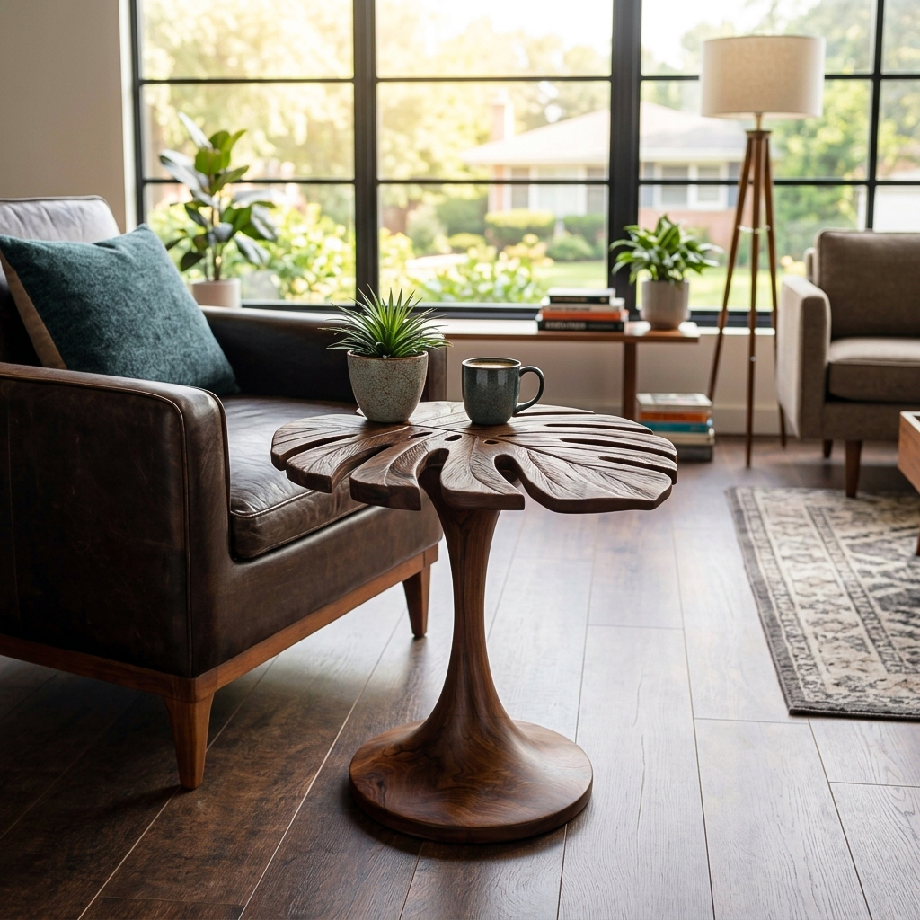 Leaf shape wood end table, natural finish. Perfect side table for sofa, living room decor. Image 7 of 8.
