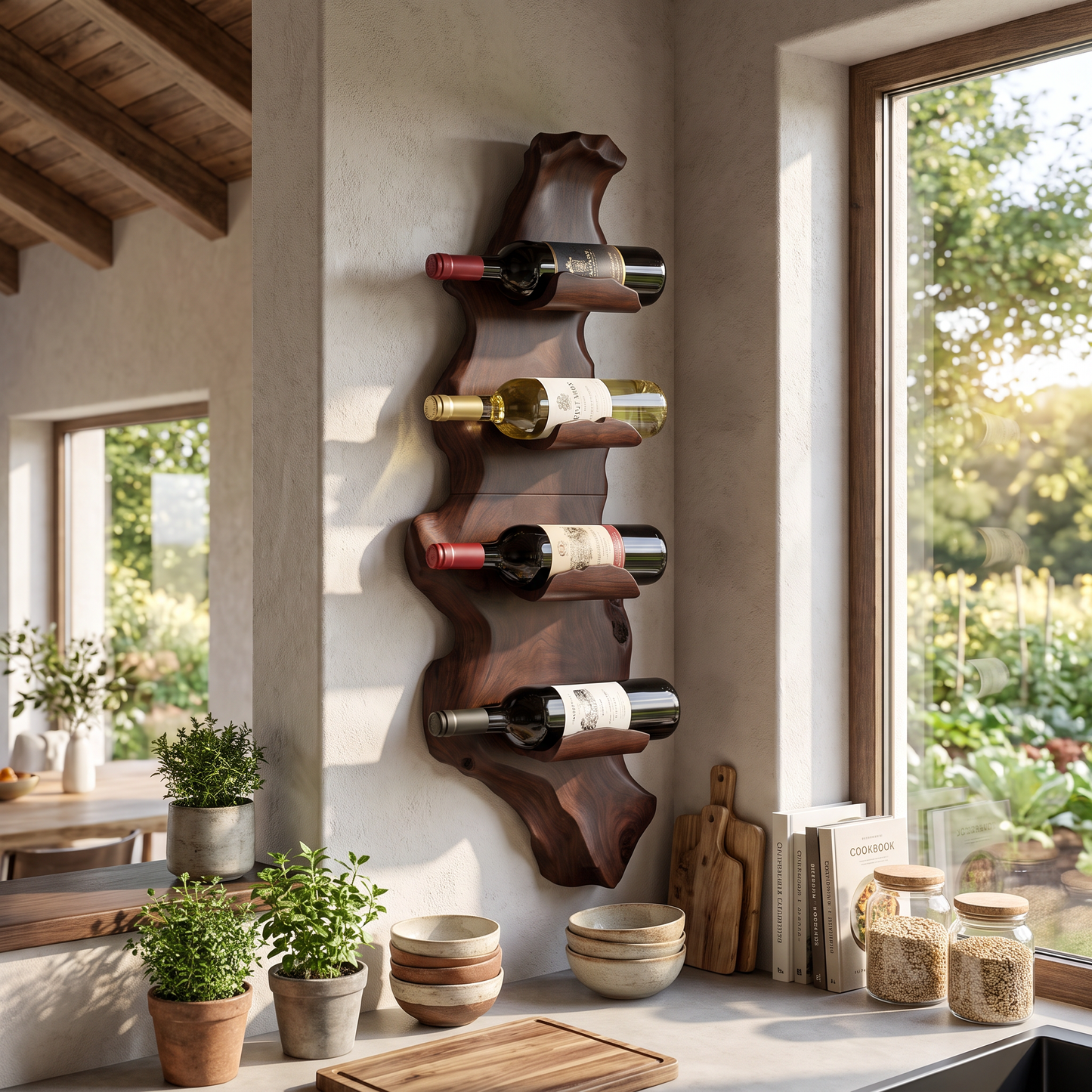 Seventh image: Elegant handcrafted tabletop wine rack, showcasing bottle storage. SKU: WR001.