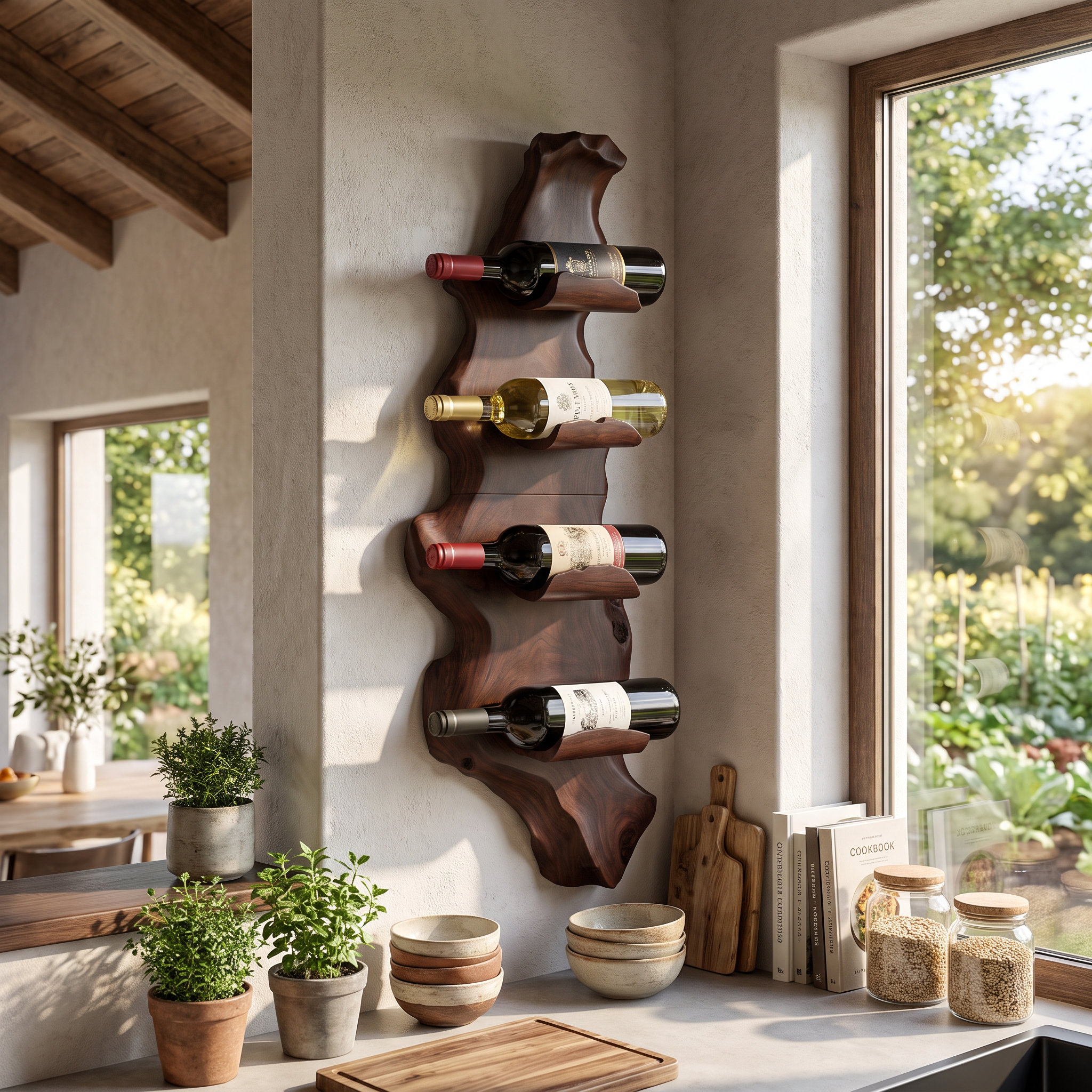 Seventh image: Elegant handcrafted tabletop wine rack, showcasing bottle storage. SKU: WR001.