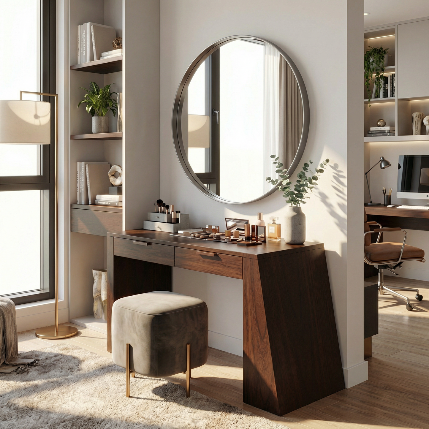 Industrial vanity desk with mirror & storage, perfect home office beauty station. Image 7 of 8.