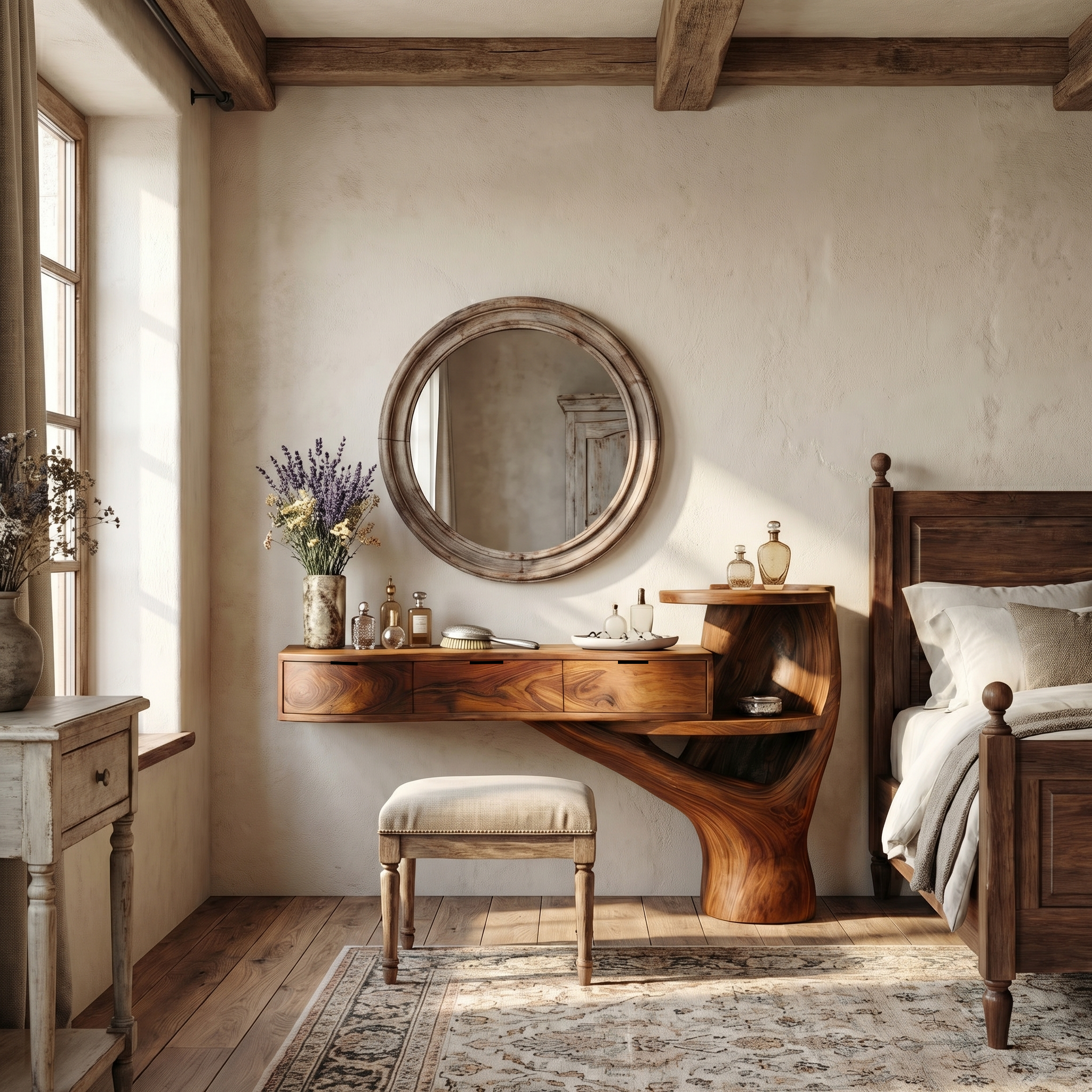 Organic floating vanity desk with drawers, bedroom furniture, modern wood design, image 6 of 8.