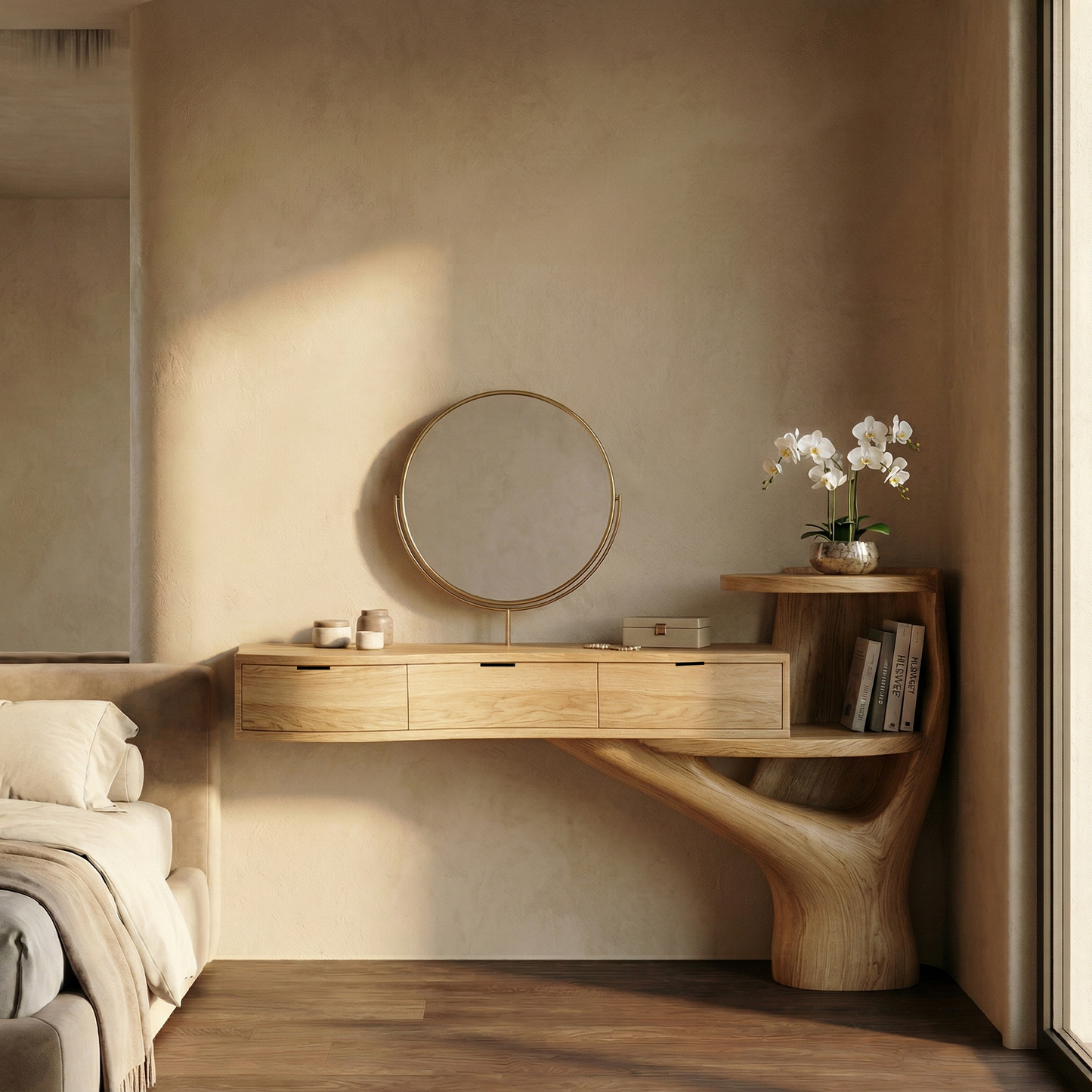 Organic floating vanity desk with drawers for bedroom, natural wood finish.