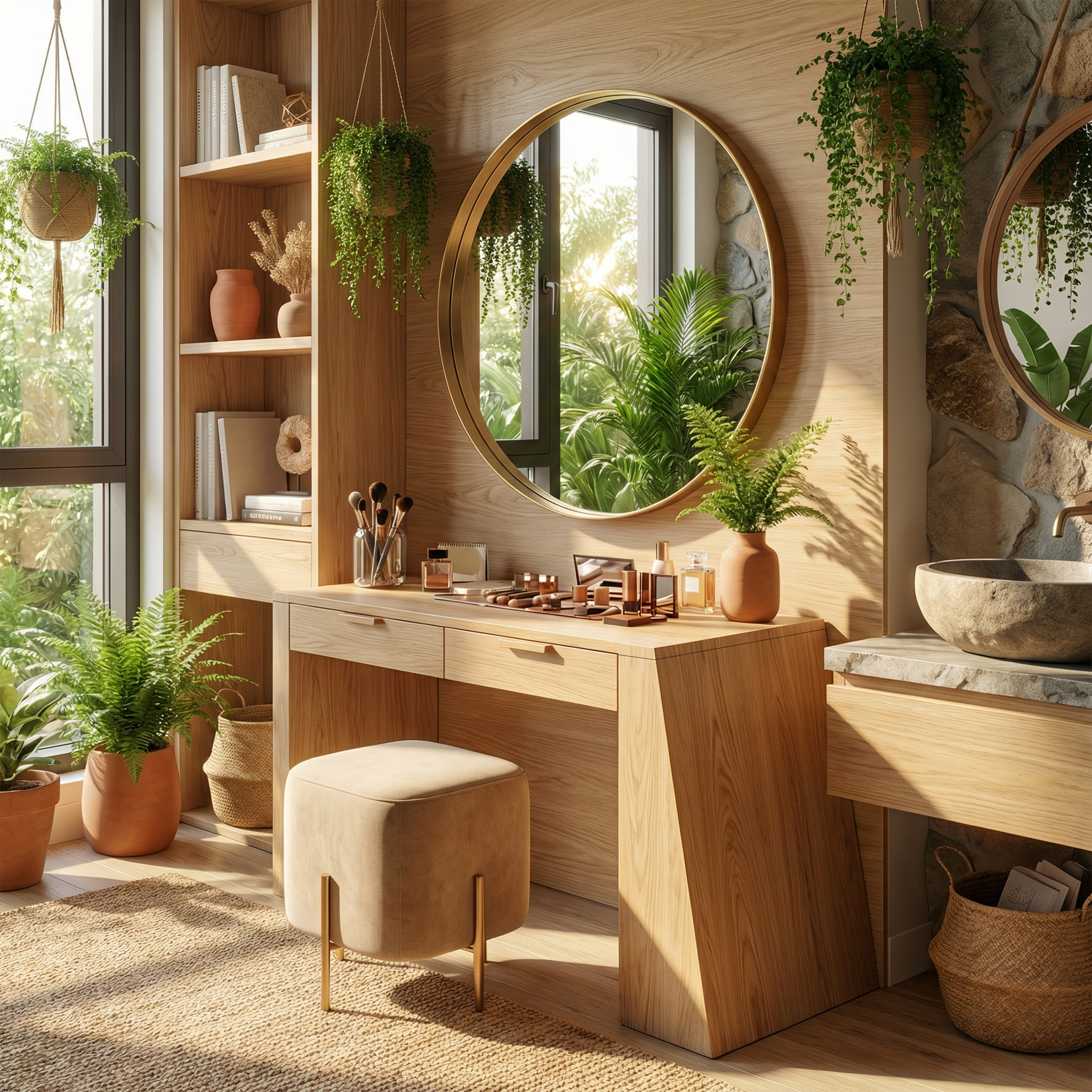 Industrial vanity desk with mirror, lights, and storage, perfect for a home office beauty station. Image 5 of 8.