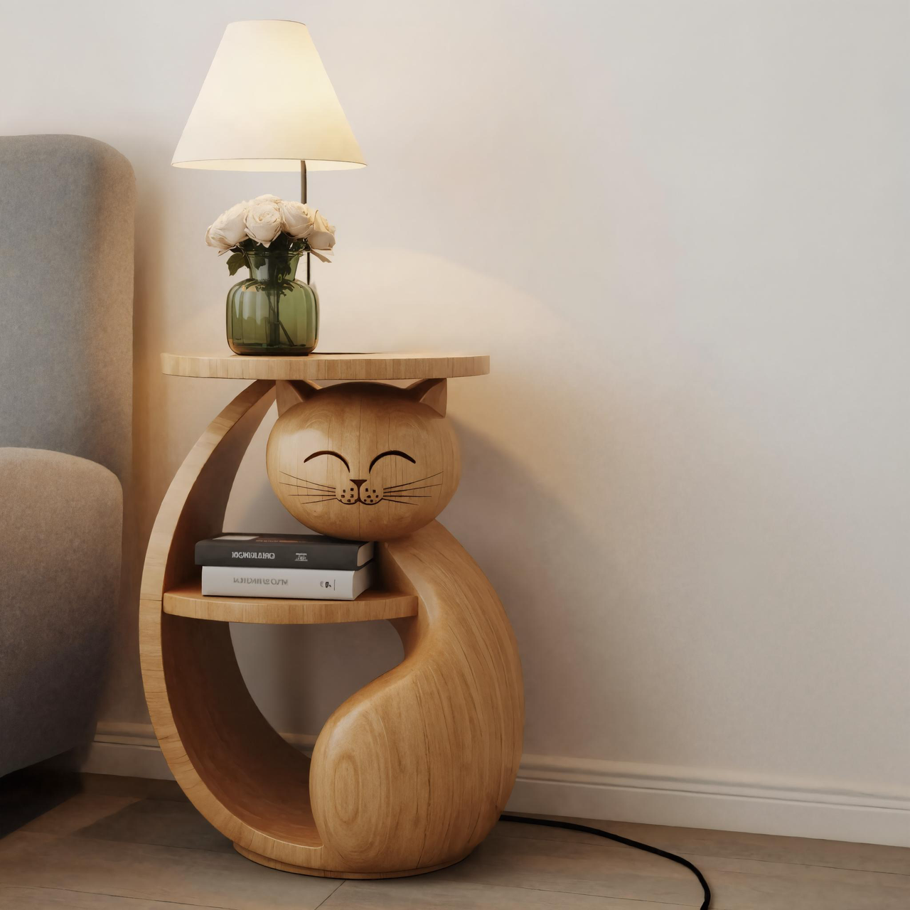 Cute cat wooden side table with storage shelf for kids' bedroom accent. Image 1 of 6.