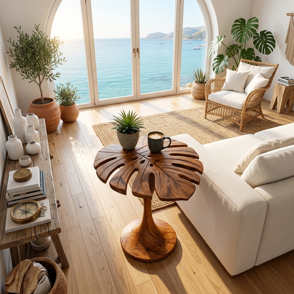 Leaf shape wood end table, sofa side, living room furniture, natural design, image 3 of 8.