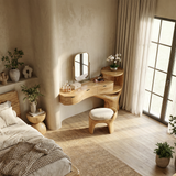 Organic floating vanity desk with drawers, bedroom, light wood finish. Image 3 of 8.