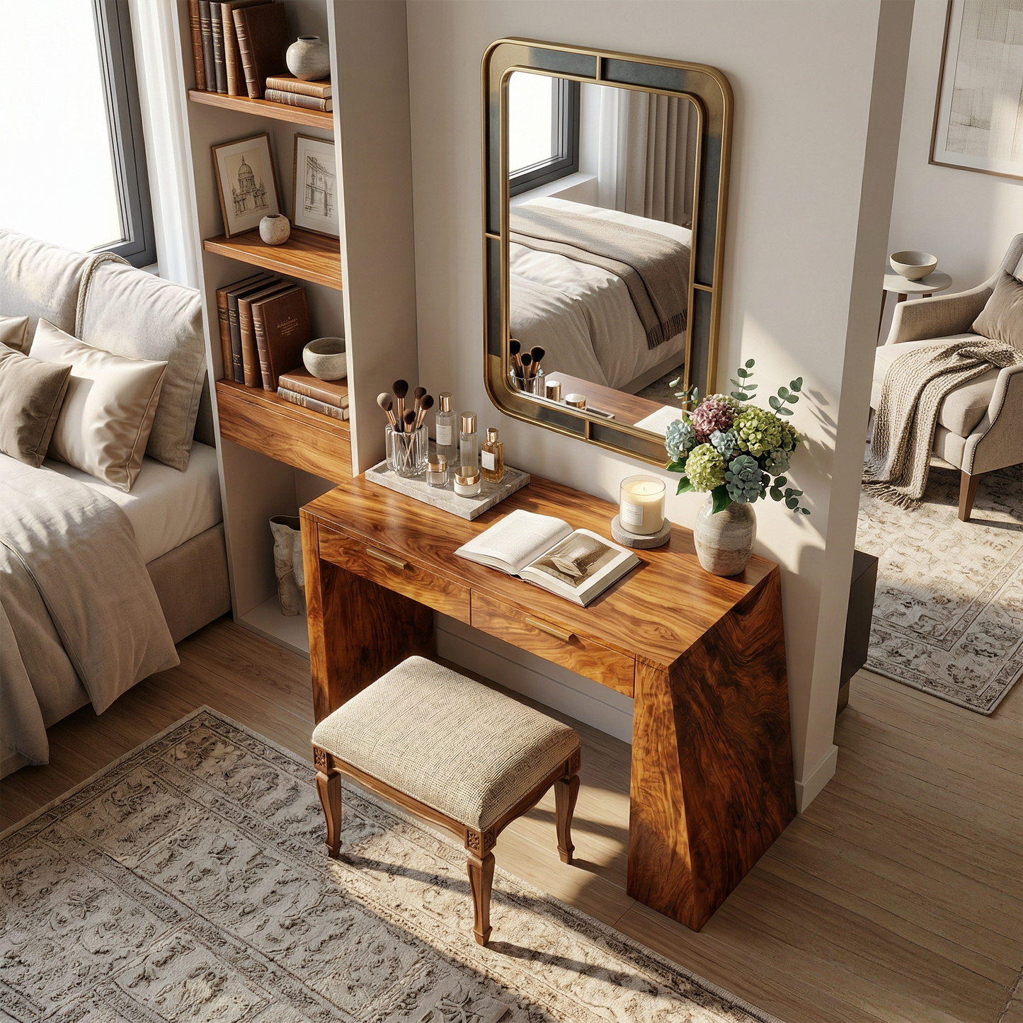 Industrial vanity desk with mirror and storage, home office beauty station. Image 3 of 8.
