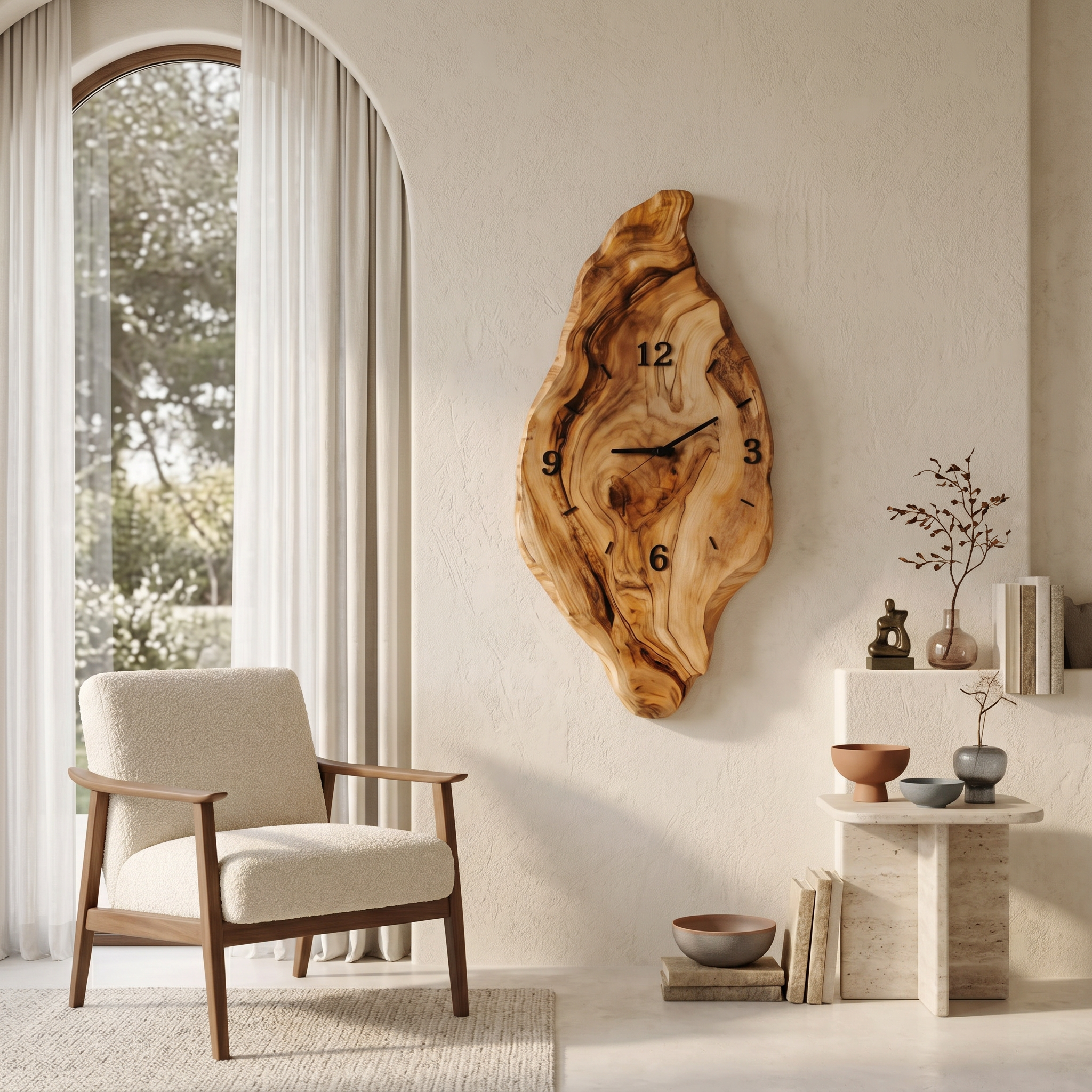Rustic live edge wood wall clock, ideal for bedroom decor. Unique natural design, image 3 of 8.
