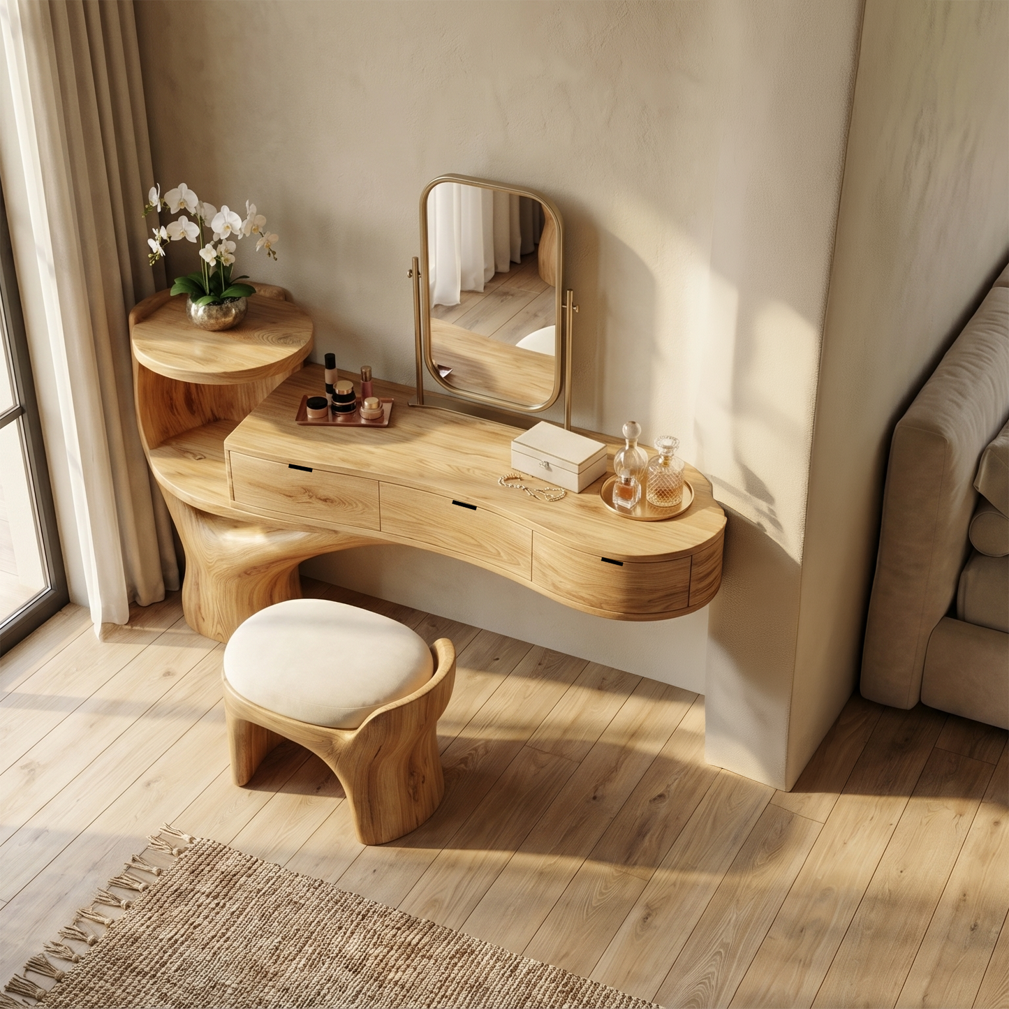 Bedroom floating vanity desk with drawers, organic wood finish. Image 2 of 8.