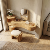 Bedroom floating vanity desk with drawers, organic wood finish. Image 2 of 8.