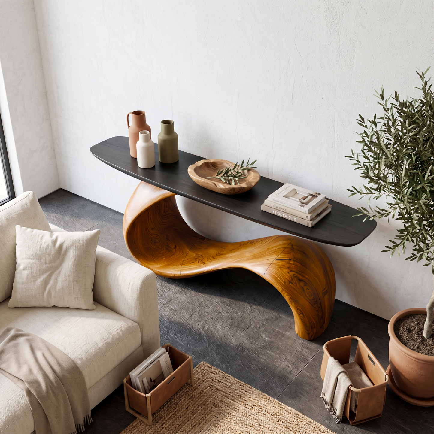Spry Interior Midcentury Sculptural Solid Wood Console Table