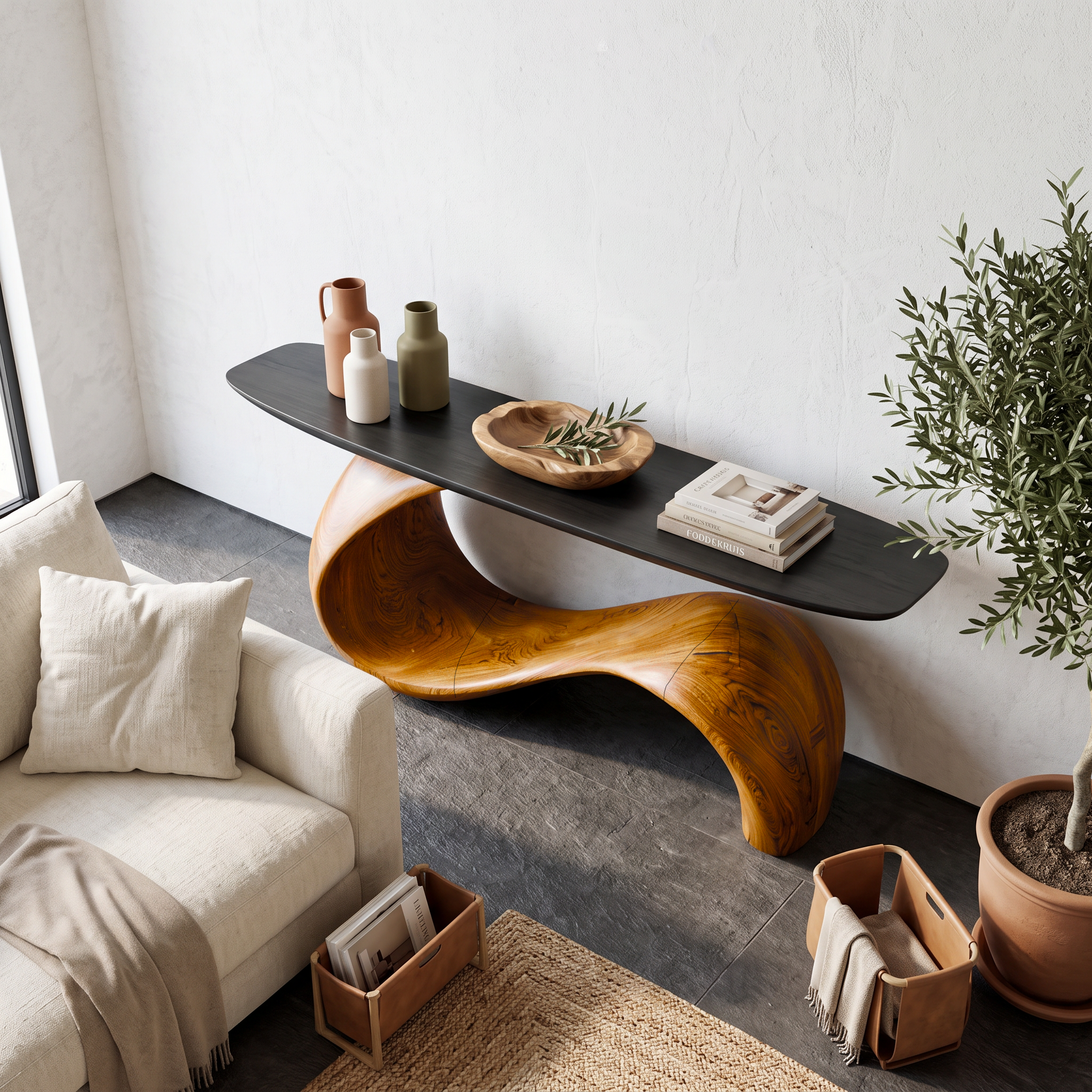 Spry Interior Midcentury Sculptural Solid Wood Console Table