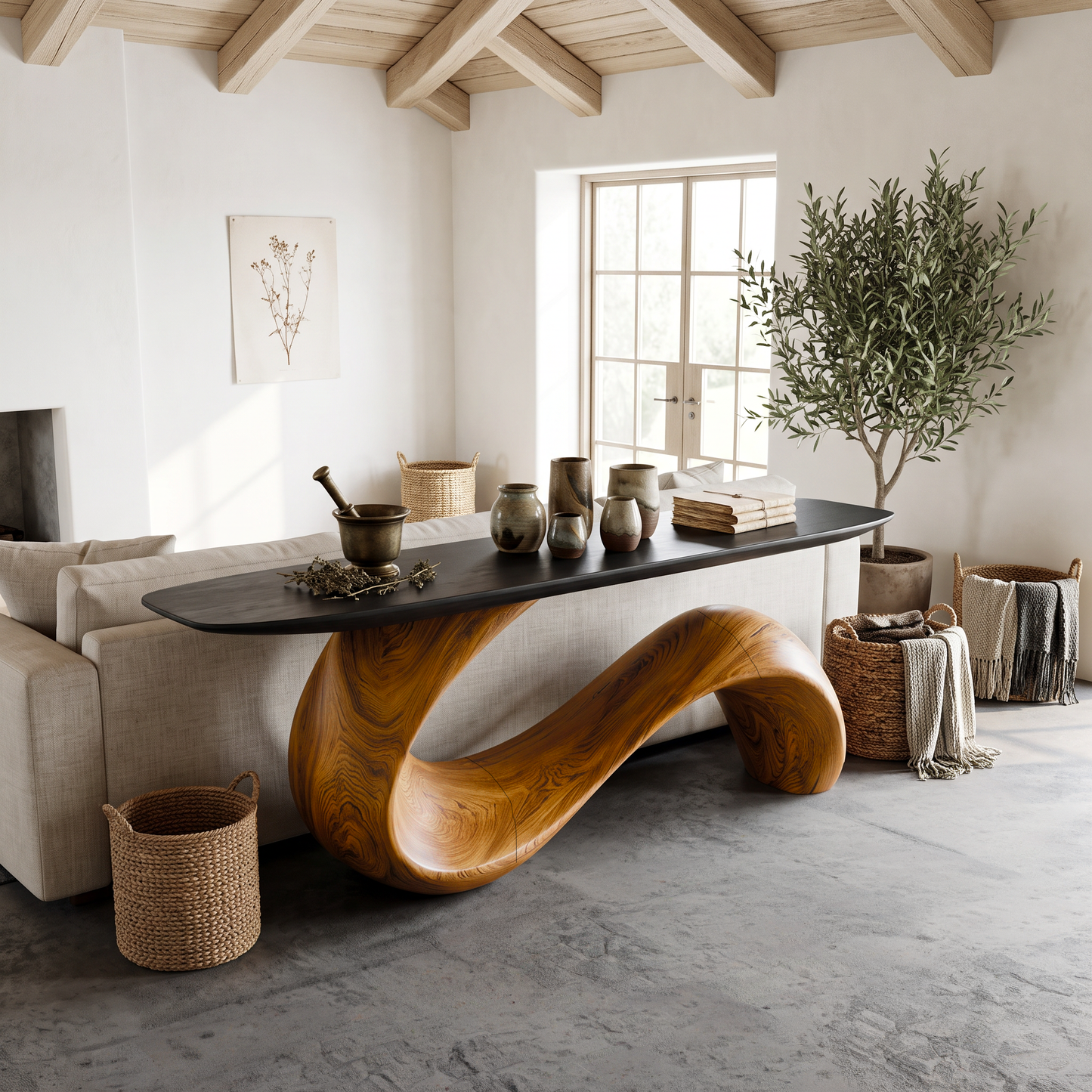 Spry Interior Midcentury Sculptural Solid Wood Console Table