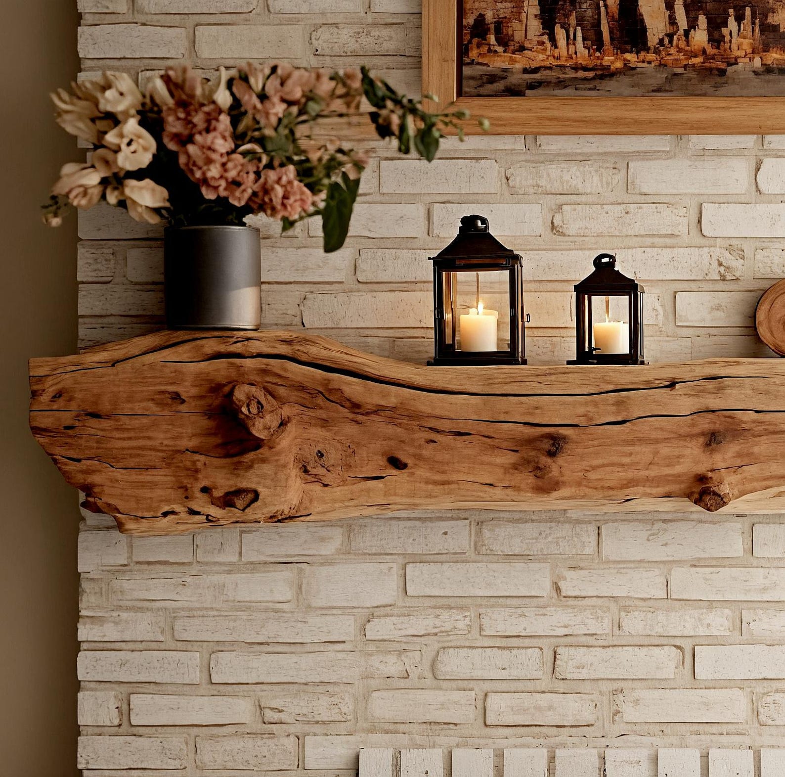 Rustic wood fireplace mantel shelf in a living room, showcasing its natural beauty. 2 of 3.