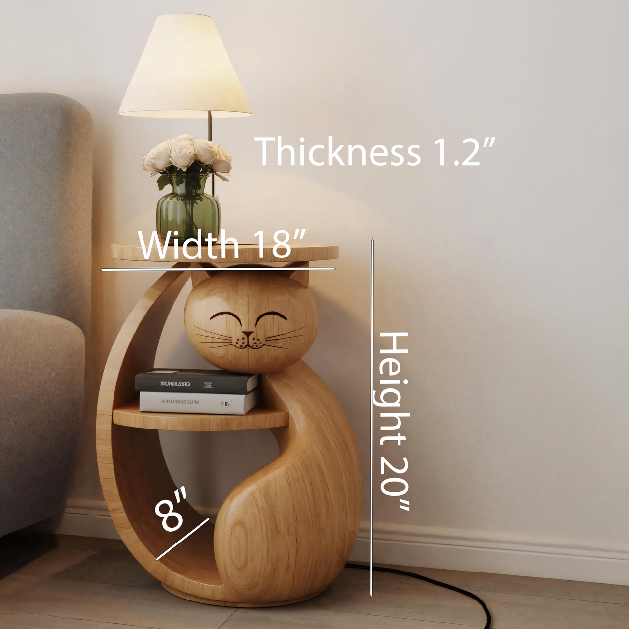 Cat wooden side table with shelf, kid's bedroom accent. Image 5 of 6.