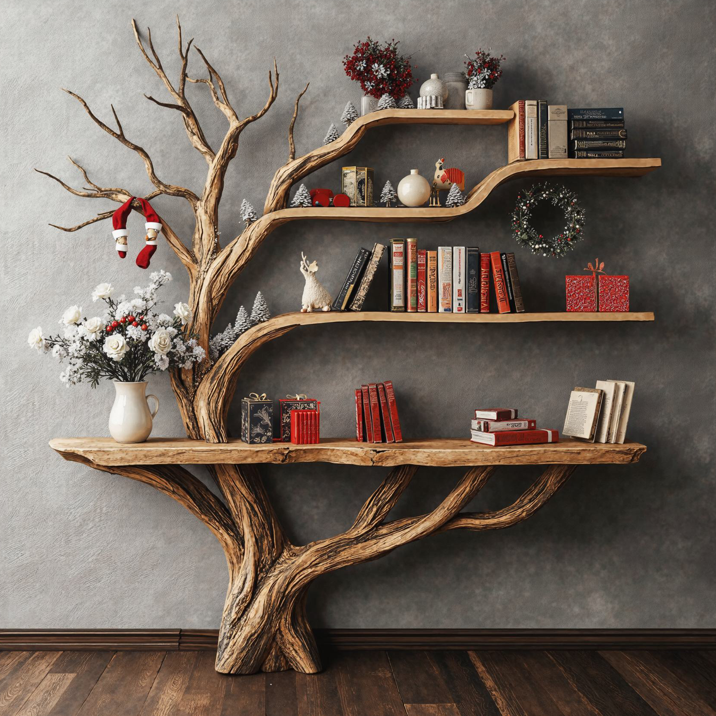 Spry Interior Narrow Floating Live Edge Side Table with Tree Bookshelf