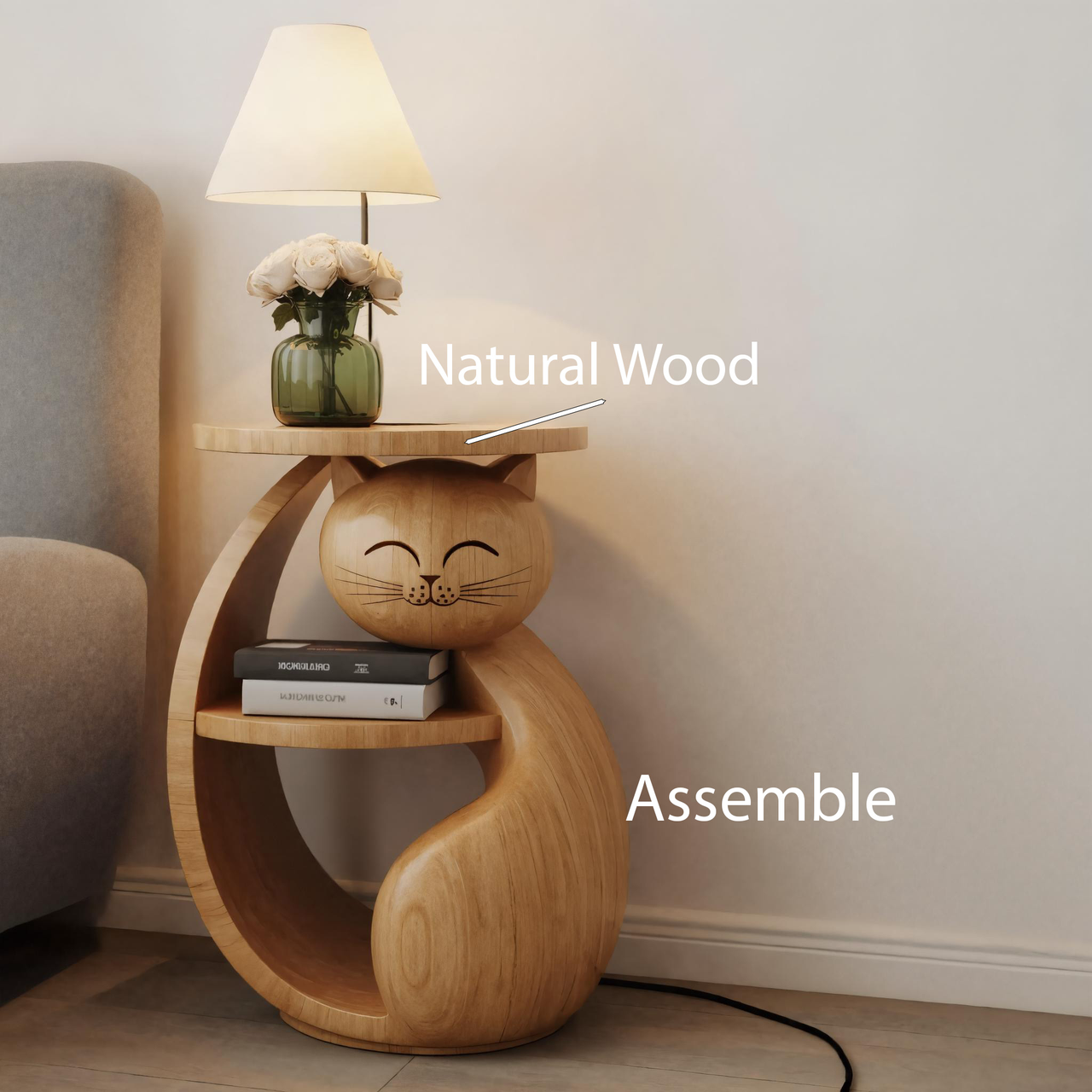 Cat wooden side table with shelf, kid's bedroom accent, white cat face, fourth product image.