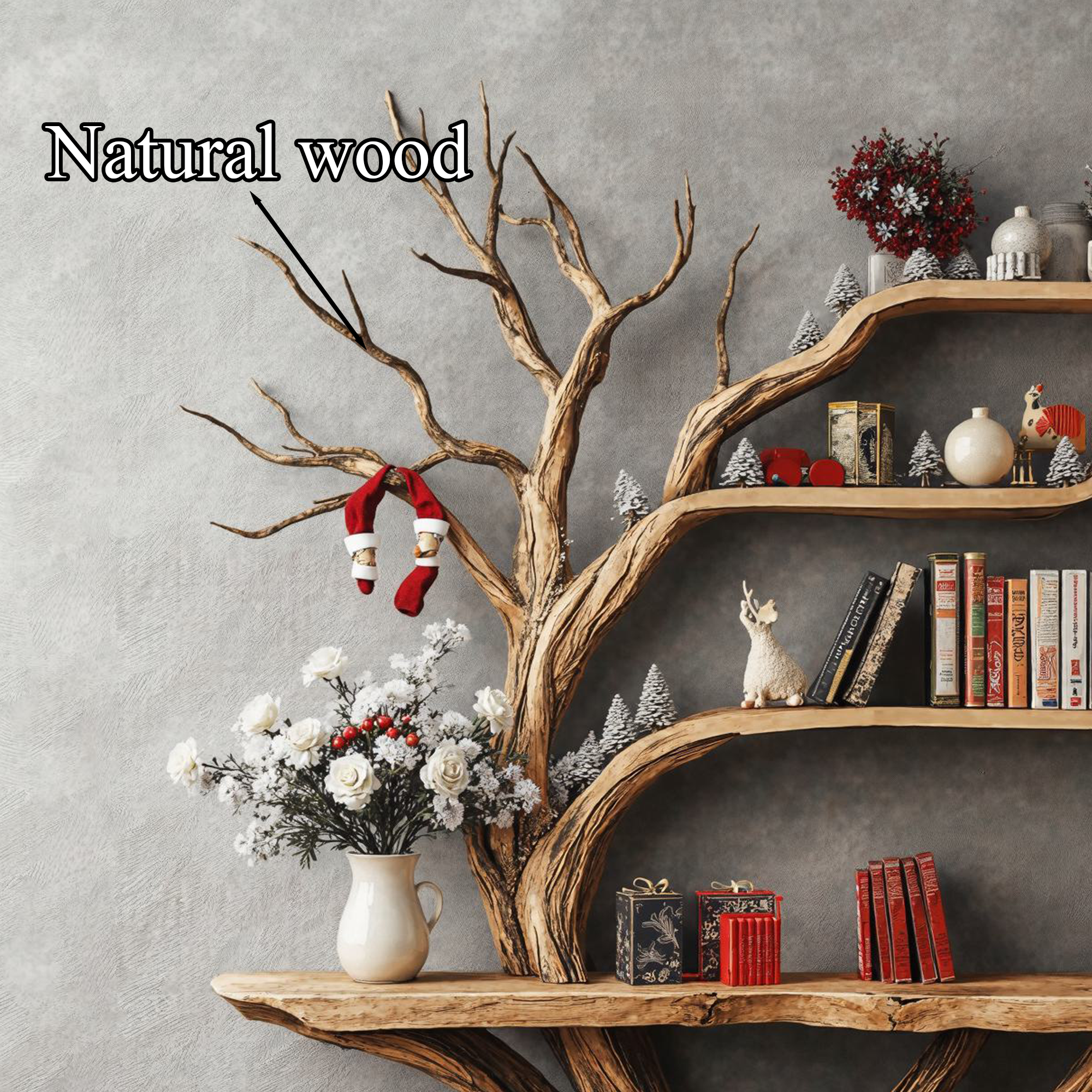 Spry Interior Narrow Floating Live Edge Side Table with Tree Bookshelf