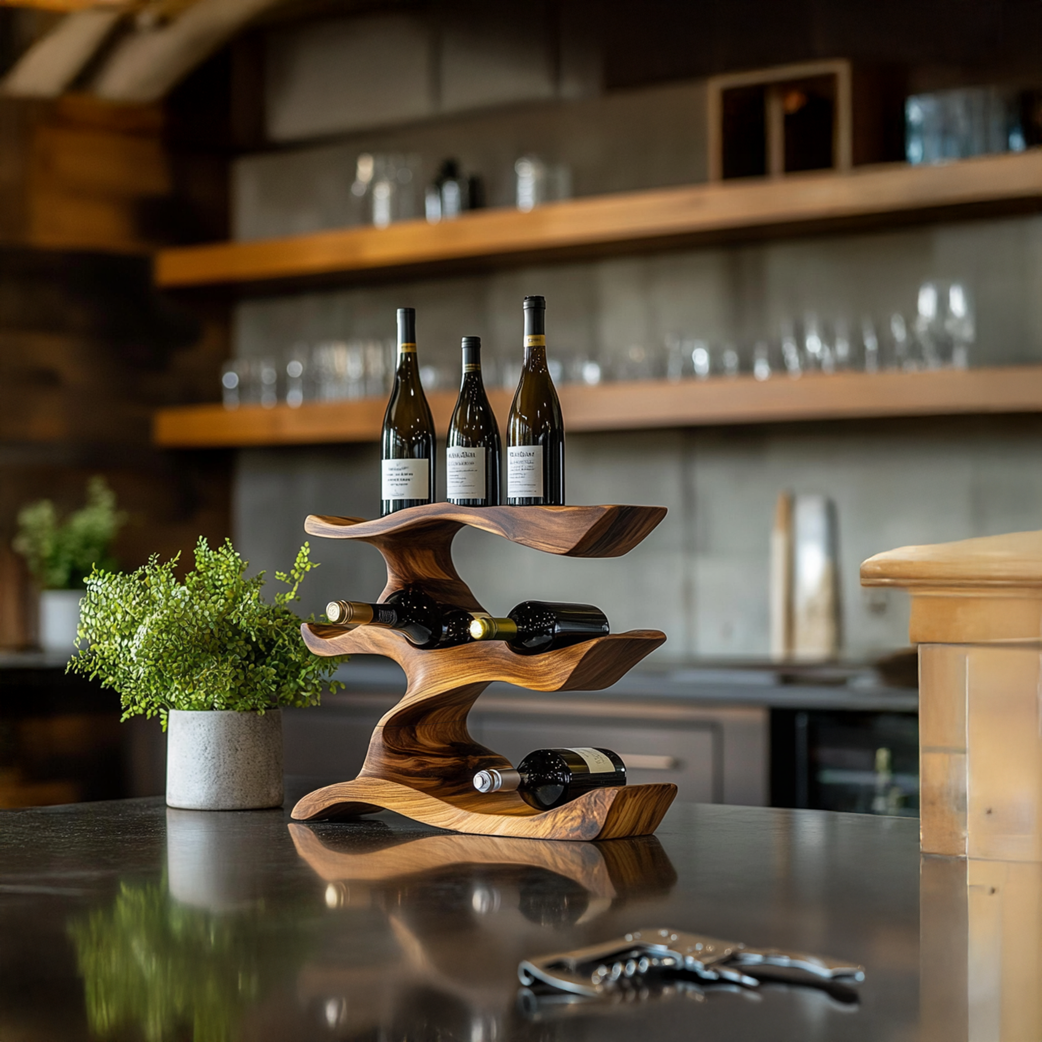 Mid-century modern wine rack, 2 of 5, displaying bottles in a stylish living room.