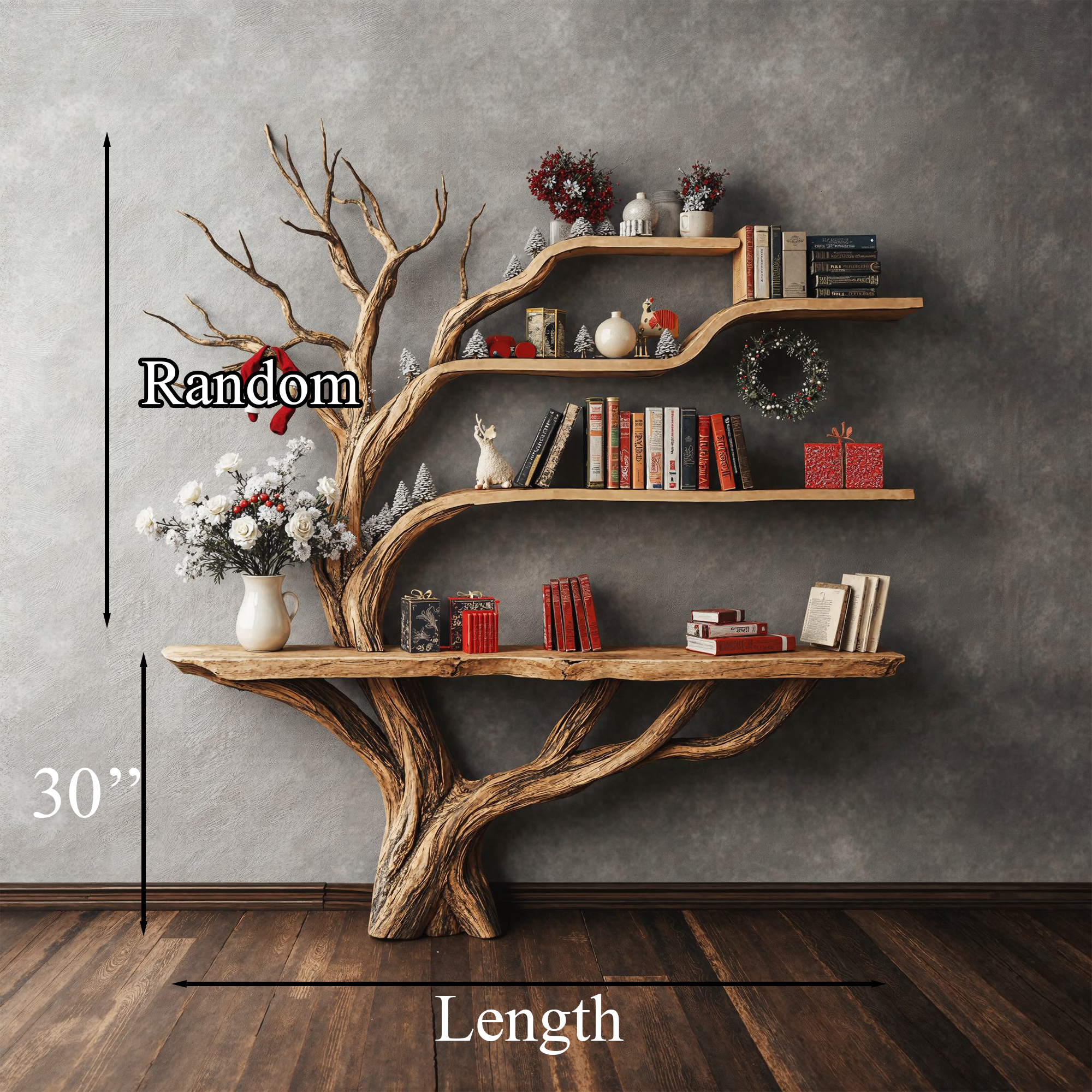 Spry Interior Narrow Floating Live Edge Side Table with Tree Bookshelf