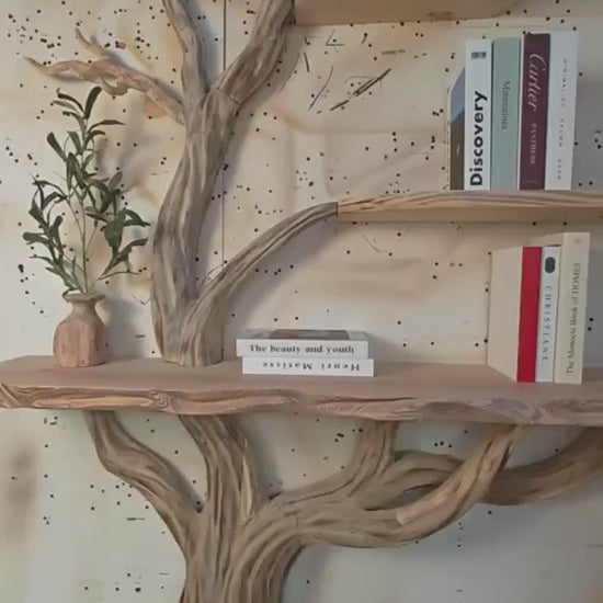 Spry Interior Narrow Floating Live Edge Side Table with Tree Bookshelf