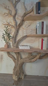 Spry Interior Narrow Floating Live Edge Side Table with Tree Bookshelf