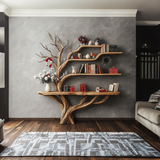 Spry Interior Narrow Floating Live Edge Side Table with Tree Bookshelf