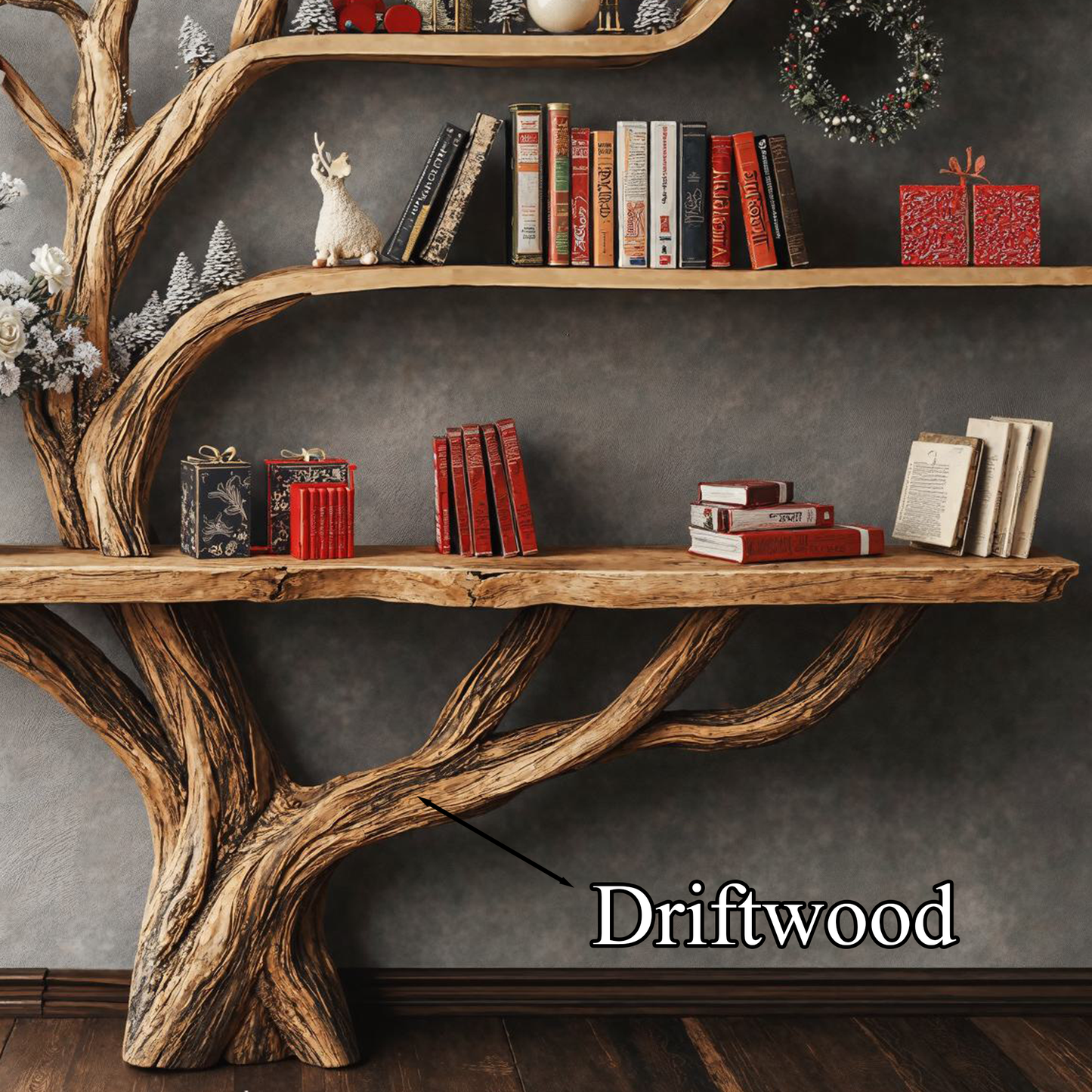 Spry Interior Narrow Floating Live Edge Side Table with Tree Bookshelf