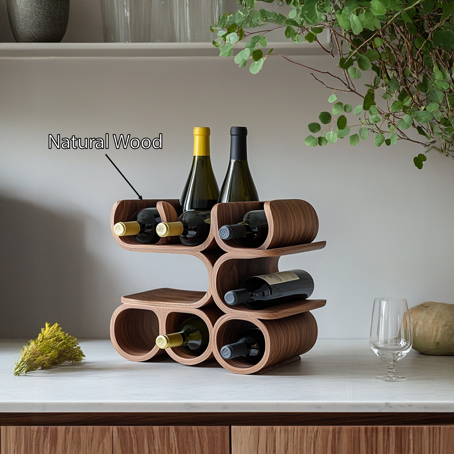 Modern tabletop wine rack with mid-century design, displaying bottles. Image 4 of 5.
