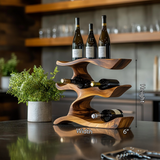 Mid-century modern wine rack, living room decor display, walnut finish, stores 6 bottles.