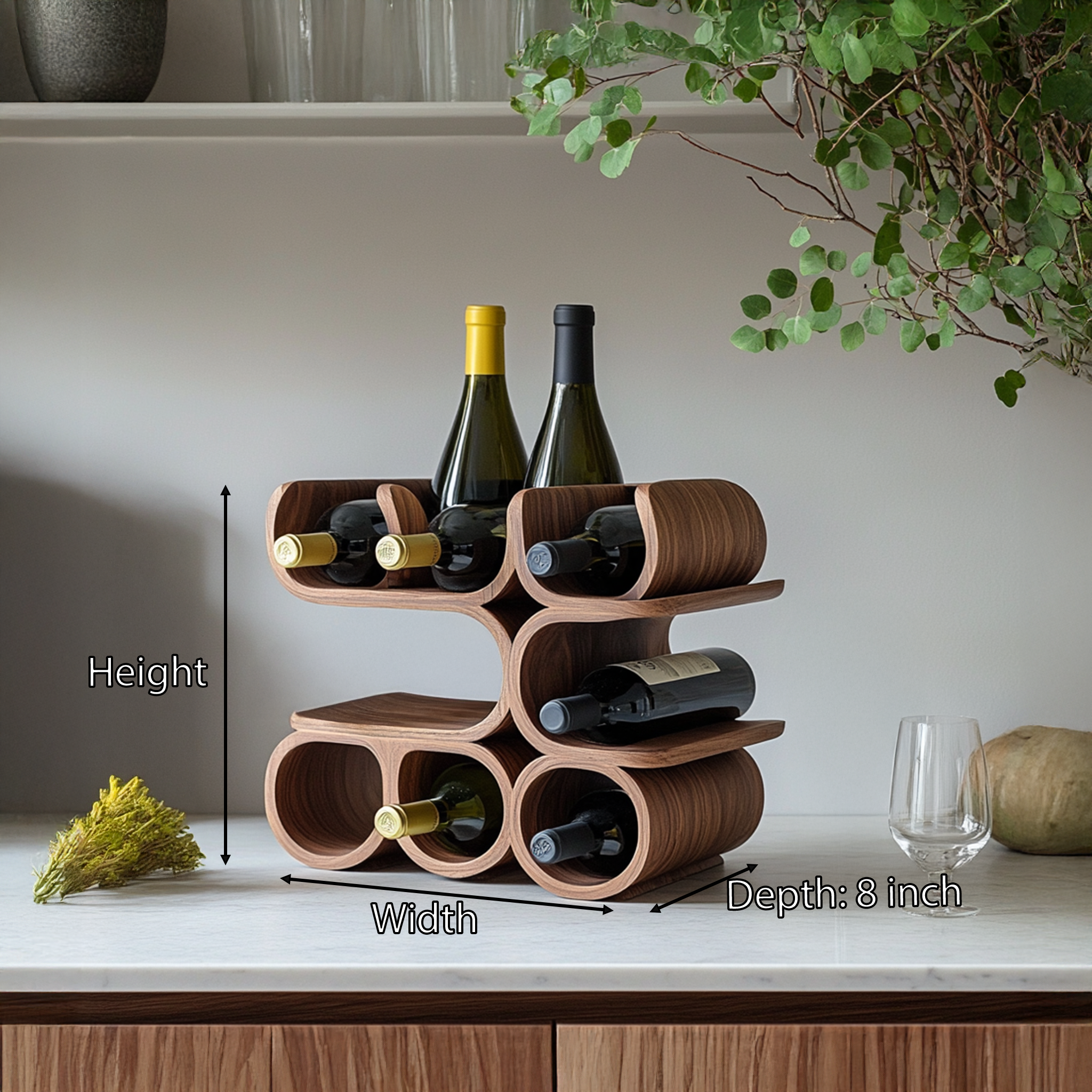Mid-century modern tabletop wine rack, bottle display holder, elegant wood and metal design, fifth product image.